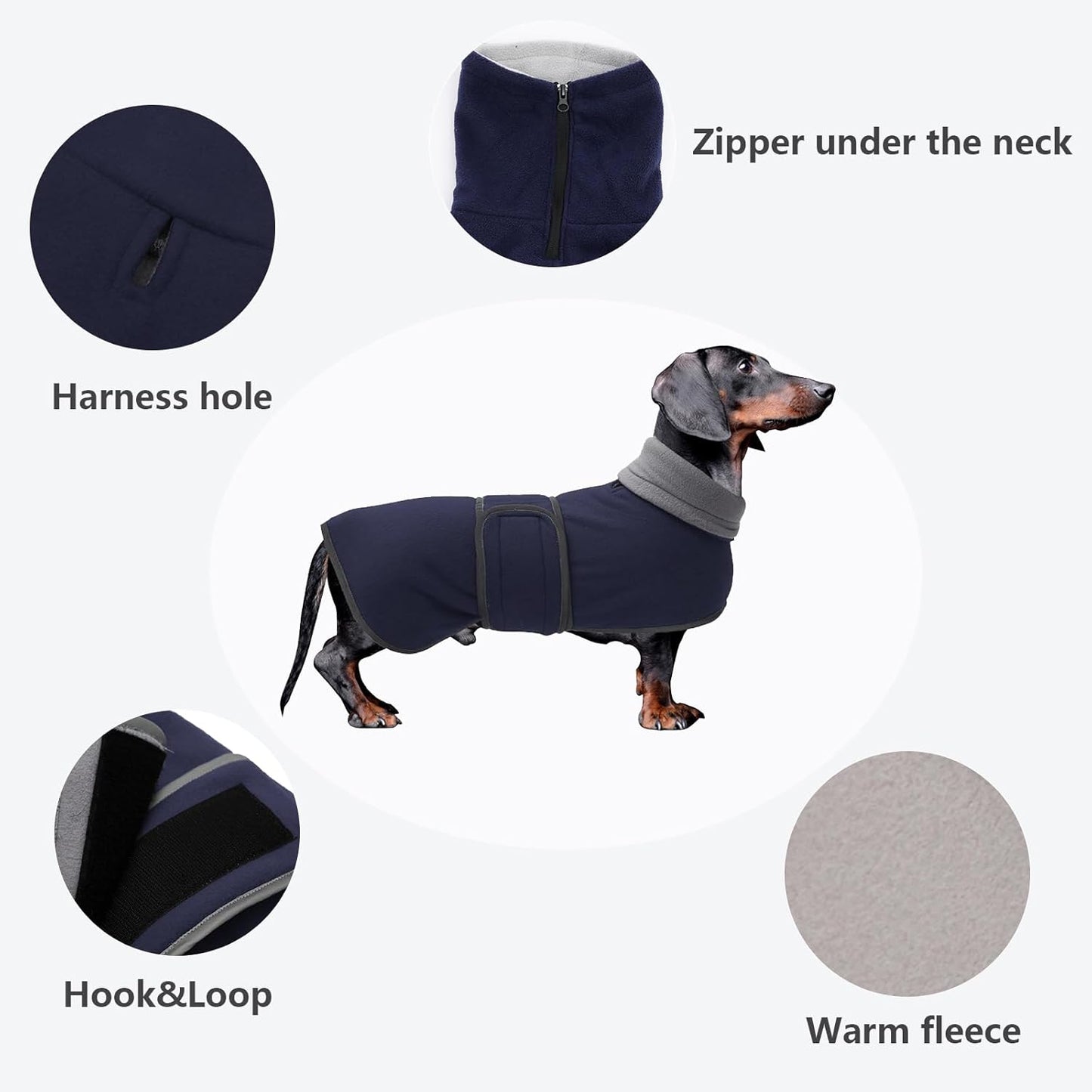 Dachshund Coats Sausage Dog Fleece Coat in Winter Miniature Dachshund Clothes with Hook and Loop Closure and High Vis Reflective Trim Safety - Navy - L
