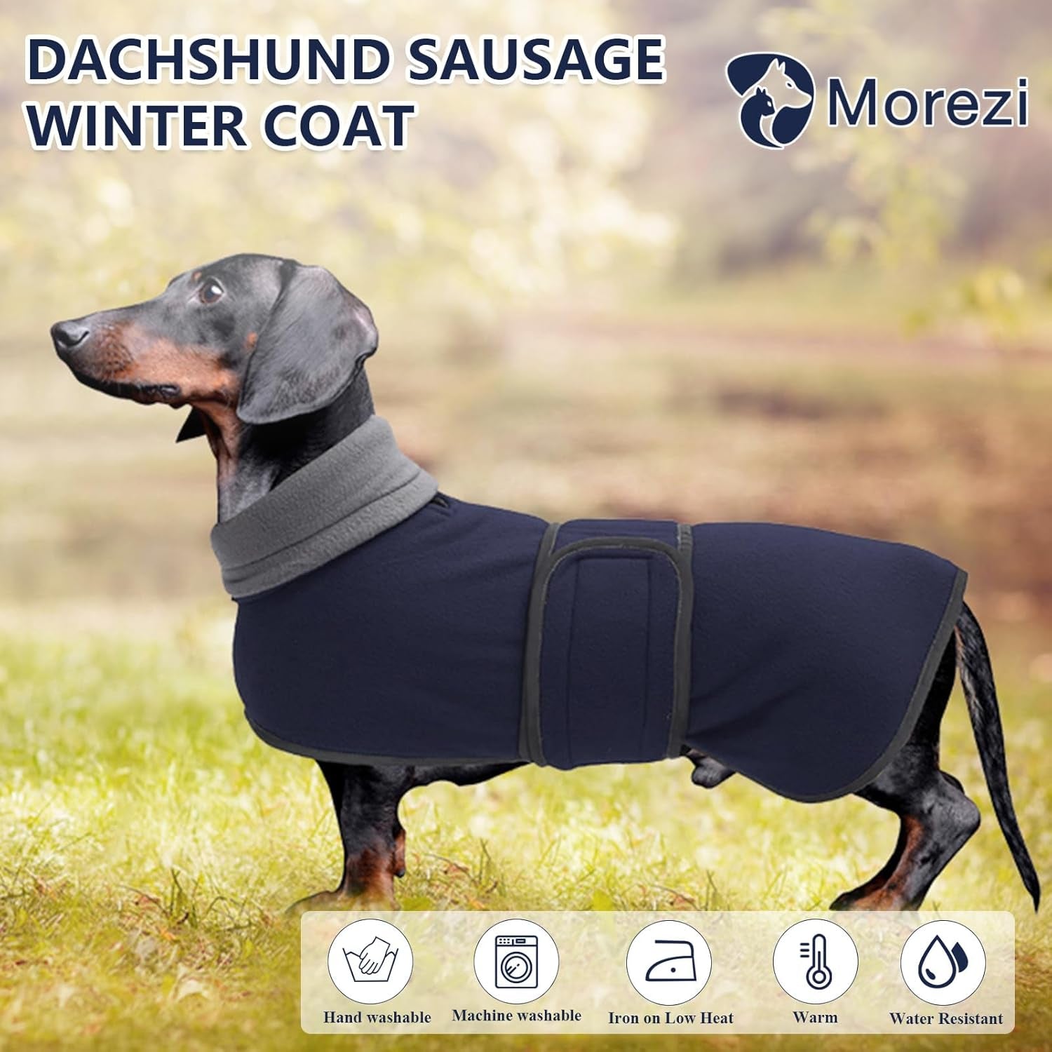 Dachshund Coats Sausage Dog Fleece Coat in Winter Miniature Dachshund Clothes with Hook and Loop Closure and High Vis Reflective Trim Safety - Navy - L