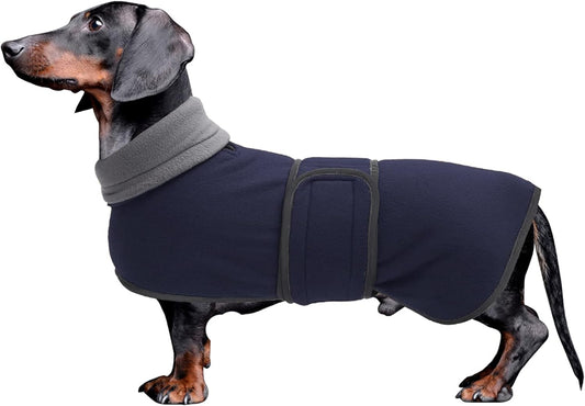 Dachshund Coats Sausage Dog Fleece Coat in Winter Miniature Dachshund Clothes with Hook and Loop Closure and High Vis Reflective Trim Safety - Navy - L