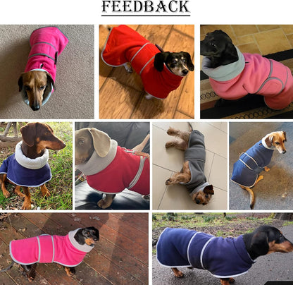 Dachshund Coats Sausage Dog Fleece Coat in Winter Miniature Dachshund Clothes with Hook and Loop Closure and High Vis Reflective Trim Safety - Navy - L